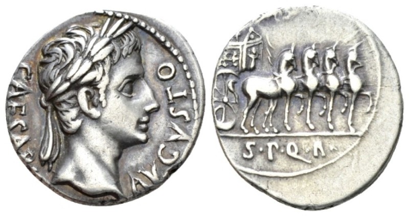 Octavian as Augustus, 27 BC – 14 AD Denarius Colonia Patricia circa 18, AR 18.5m...