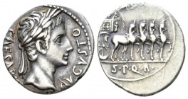 Octavian as Augustus, 27 BC – 14 AD Denarius Colonia Patricia circa 18, AR 18.5mm., 3.88g. Laureate head r. Rev. Slow quadriga r. containing aquila an...