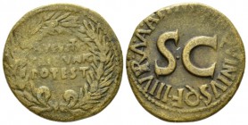 Octavian as Augustus, 27 BC – 14 AD Dupondius 17 BC, Æ 25.5mm., 9.71g. AVGVSTVS/TRIBVNIC/POTEST in three lines within oak wreath. Rev. Legend around l...