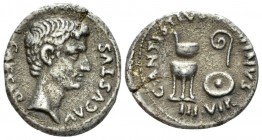 Octavian as Augustus, 27 BC – 14 AD Denarius circa 13 BC, AR 17.5mm., 3.66g. Bare head r. Rev. Sacrificial implements: simpulum, lituus, tripod and pa...