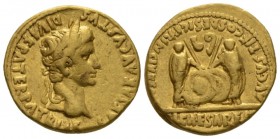 Octavian as Augustus, 27 BC – 14 AD Aureus Lugdunum circa 2 BC-4 AD, AV 20.5mm., 7.69g. CAESAR AVGVSTVS – DIVI F PATER PATRIAE Laureate head r. Rev. A...
