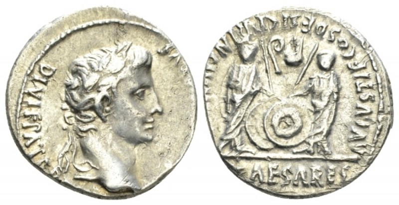 Octavian as Augustus, 27 BC – 14 AD Denarius Lugdunum circa 2 BC- 4 AD, AR 18.5m...