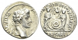 Octavian as Augustus, 27 BC – 14 AD Denarius Lugdunum circa 2 BC- 4 AD, AR 18.5mm., 3.73g. Laureate head r. Rev. Caius and Lucius standing facing, eac...