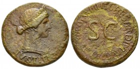 In the name of Livia, wife of Augustus Dupondius circa 21-22, Æ 28mm., 12.91g. IVSTITIA Diademed and draped bust of Livia as Iustitia r. Rev. TI CAESA...