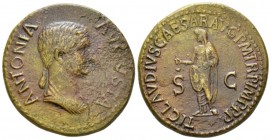 In the name of Antonia, wife of Nero Claudius Drusus Dupondius circa 50-54, Æ 30.5mm., 17.17g. Draped bust r., hair in long plait behind neck. Rev. Cl...