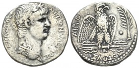 Nero, 54-68 Tetradrachm Antioch circa 62-63, AR 25.5mm., 13.95g. Laureate bust right, wearing r. Rev. ETOYΣ AIP • Θ Eagle standing r. on thunderbolt, ...