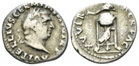 Vitellius, 69 Denarius late April-December 69, AR 18mm., 3.23g. Laureate head r. Rev. Dolphin set over tripod; below, raven r. C 111. RIC 109.

Tone...