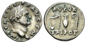 Vespasian, 69-79 Denarius circa 71, AR 17.5mm., 3.37g. Laureate head r. Rev. Augural and pontifical emblems: simpulum, aspergillum, guttus, and lituus...