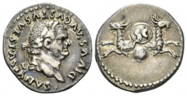 Divus Vespasianus. Denarius circa 80-81, AR 17.5mm., 3.46g. Laureate head r. Rev. Two capricorns, back to back, supporting shield; below, globe. C 497...