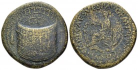 Titus, 79-81 Sestertius circa 80-81, Æ 33.5mm., 24.23g. Flavian amphitheatre (The Colosseum); on l., Meta Sudans and, on r., porticoed building. The e...
