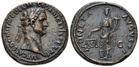 Domitian, 81-96 As circa 87, Æ 28.5mm., 12.62g. Laureate bust r. Rev. Moneta standing l., holding scales and cornucopiae. C 329 var. (AVG). RIC 547.
...