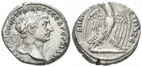 Trajan, 98-117 Tetradrachm Antioch circa 110-111, AR 25mm., 14.54g. Laureate head r. Rev. Eagle standing facing on club l., head l., with wings spread...