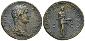 Hadrian, 117-138 Sestertius circa 132-134, Æ 33mm., 22.75g. Laureate and draped bust r. Rev. Liberalitas standing r., emptying a cornucopia. RIC 712. ...