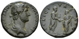 Hadrian, 117-138 As circa 134-135, Æ 25mm., 11.35g. Laureate and draped bust r. Rev. Emperor and Felicitas standing vis a vis, clasping hands. C 637. ...
