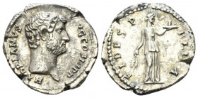 Hadrian, 117-138 Denarius circa 134-138, AR 19mm., 2.98g. Bare head r. Rev. Fides standing r., holding grain ears and plate of fruit. RIC 241a. C 716....