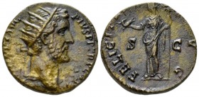 Antoninus Pius, 138-161 Dupondius circa 145-161, Æ 24.5mm., 10.71g. Radiate head r. Rev. Felicitas standing l., holding Capricorn and caduceus. C –. R...
