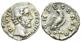 Antoninus Pius, 138-161 Denarius after 161, AR 19mm., 2.98g. Bare head r. Rev. Eagle standing r., head l., with wings spread. RIC M. Aurelius 429. C 1...