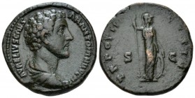 Marcu Aurelius Caesar, 139-161 As circa 147, Æ 27.5mm., 11.45g. Bare-headed, draped bust r. Rev. Minerva standing r., holding spear and shield set on ...