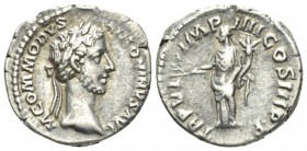 Commodus, 177-192 Denarius circa 180-181, AR 18.5mm., 3.62g. Laureate head r. Rev. Pax standing l., holding branch and cornucopia. RIC 17. 

Good Ve...