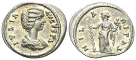 Julia Domna, wife of Septimius Severus Denarius circa 207-211, AR 20.5mm., 2.92g. Draped bust r. Rev. Hilaritas standing l., holding palm frond and co...