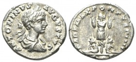 Caracalla, 198-217 Denarius Laodicea circa 201, AR 19.5mm., 4.30g. Laureate, draped, and cuirassed bust r. Rev. Trophy with two captives seated at bas...