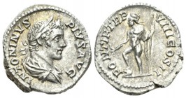 Caracalla, 198-217 Denarius Laodicea circa 205, AR 18.5mm., 3.47g. Laureate and draped bust r., seen from behind. Rev. Mars standing l., foot on helme...