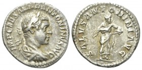 Caracalla, 198-217 Denarius circa 213-217, AR 19mm., 2.76g. Laureate and draped bust r. Rev. Salus standing l., feeding snake. RIC 140.

Toned, Good...