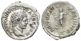 Caracalla, 198-217 Denarius circa 214, AR 19.5mm., 3.16g. Laureate head r. Rev. Jupiter standing l., holding thunderbolt and sceptre; in l. field, eag...