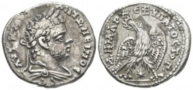 Caracalla, 198-217 Tetradrachm Laodicea ad Mare circa 209-211, AR 27.5mm., 12.83g. Laureate and draped bust r. Rev. Eagle standing r., head and tail l...