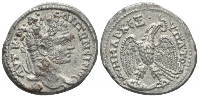 Caracalla, 198-217 Tetradrachm Antioch circa 214-215, AR 27.5mm., 11.77g. Laurea...