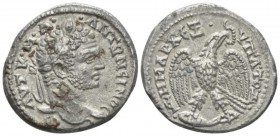 Caracalla, 198-217 Tetradrachm Antioch circa 214-215, AR 27.5mm., 11.77g. Laureate head r. Eagle standing facing on leg and thigh of animal, head and ...
