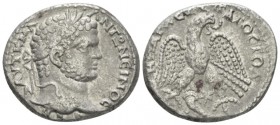 Caracalla, 198-217 Tetradrachm Antioch circa 215-217, AR 27.5mm., 12.67g. Laureate head r. Rev. Eagle standing facing, head r., with wreath in beak an...