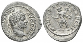 Caracalla, 198-217 Denarius circa 210-213, AR 19mm., 3.80g. Laureate head r. Rev. Mars advancing l., holding spear in r. hand and trophy in l. C 150. ...