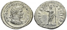 Caracalla, 198-217 Antonianus circa 215, AR 25mm., 4.22g. Radiate and draped bust r. Rev. Serapis standing facing, head l., raising hand and holding s...