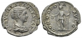 Plautilla, wife of Caracalla Denarius circa 202-205, AR 19.5mm., 3.30g. Draped bust r. Rev. Concordia standing l., holding patera and sceptre. C 1. RI...