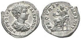 Geta Caesar, 198 – 209 Denarius circa 200-202, AR 19mm., 3.33g. Bare-headed and draped bust r. Rev. Securitas seated l. C 183. RIC 20.

Extremely Fi...