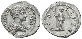 Geta Caesar, 198-209 Denarius circa 200-202, AR 19mm., 3.13g. Bare-headed and draped bust r. Rev. Nobilitas standing r., holding sceptre and palladium...