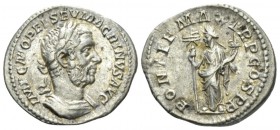 Macrinus, 217-218 Denarius circa 217, AR 20.5mm., 2.92g. Laureate and cuirassed bust r. Rev. Felicitas standing facing, holding caduceus and cornucopi...
