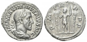 Maximinus I, 235-238 Denarius circa 235, AR 20mm., 2.42g. Laureate and draped bust r. Rev. Emperor standing l. holding sceptre between two standards. ...