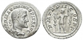 Maximinus I, 235-238 Denarius circa 236, AR 10.5mm., 2.32g. Laureate and cuirassed bust r. Rev. The Emperor in military attire, standing facing and ho...