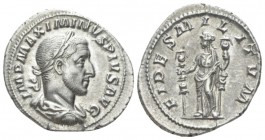 Maximinus I, 235-238 Denarius circa 236, AR 20.5mm., 3.10g. Laureate, draped, and cuirassed bust r. Rev. Fides standing facing, head l., holding signu...