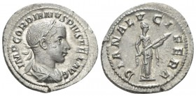 Gordian III, 238-244 Denarius circa 240, AR 22mm., 3.13g. Laureate, draped and cuirassed bust r. Rev. Diana Lucifera standing r., holding long torch. ...