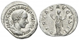 Gordian III, 238-244 Denarius circa 240, AR 20.5mm., 3.56g. Laureate, draped and cuirassed bust r. Rev. Pietas standing facing, veiled l. left, both h...
