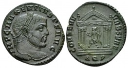 Maxentius, 306-312 Follis Aquileia circa 307-310, Æ 25mm., 6.00g. Laureate head r. Rev. CONSERV VRB SVAE Hexastyle temple, containing Roma seated r. o...