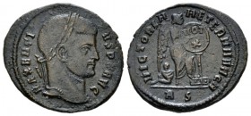 Maxentius, 306-312 Follis Rome circa 310, Æ 21.5mm., 2.98g. Laureate head r. Rev. Victory standing r., writing VOT/X on shield on pilar; behind, capti...