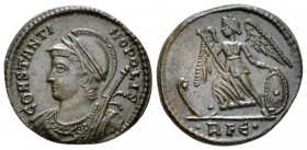 Constantine I, 307-337 Follis Lugdunum after 337, Æ 19mm., 2.79g. CONSTANTINOPOLIS Laureate and helmeted bust of Constantinopolis l. Rev Victory stand...