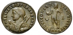Crispus caesar, 317-326 Follis Alexandria circa 317-3320, Æ 19mm., 3.36g. D N FL IVL CRISPVS NOB CAES Laureate, consular bust l., holding mappa and sc...