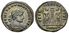 Constantine II Caesar, 335-337 Æ3 Alexandria circa 335-337, Æ 18mm., 2.98g. F L DELMATIVS NOB C Laureate and cuirassed bust r. Rev. GLOR – IA EXERCITV...