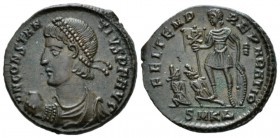 Constantius II, 337-361 Follis Cyzicus circa 348-350, Æ 21.5mm., 4.45g. Diademed and draped bust r., holding globe. Rev. The Emperor in military dress...