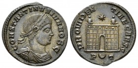 Constantius II Caesar, 324-337. Æ2 Treveri circa 354-325, Æ 19mm., 3.53g. Laureate, draped, and cuirassed bust r. Rev. Camp gate; above, star and in e...